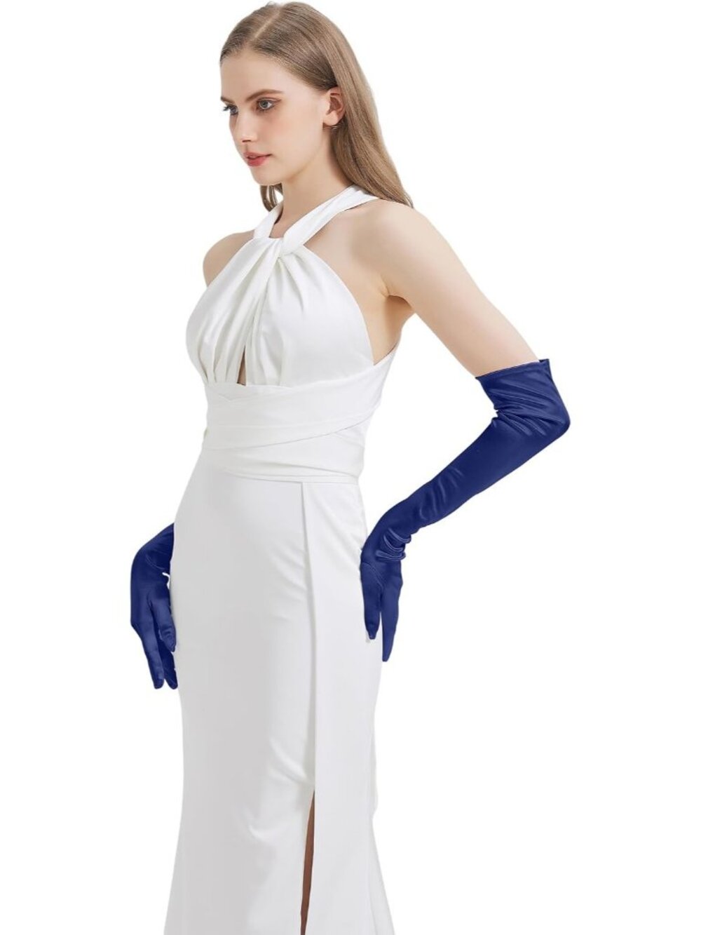 Women's Navy Blue Satin Opera Elbow Length 1920s Flapper Long Gloves Party - Picture 2 of 7